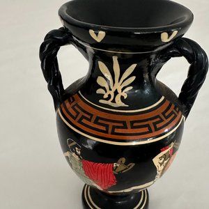 Hand Made in Greece Vase Double Handle Red Orange Ancient Greek Style Fighting